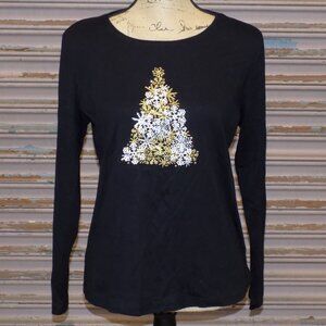 Karen Scott Black Holiday Snowflake Christmas Tree Top | Long Sleeve Tee